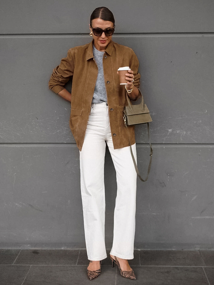 Faux Suede Tan Women's Shirt Jacket - Retro Utility Cargo Pocket Oversized Top - Casual Spring Streetwear 2026