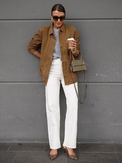 Faux Suede Tan Women's Shirt Jacket - Retro Utility Cargo Pocket Oversized Top - Casual Spring Streetwear 2026
