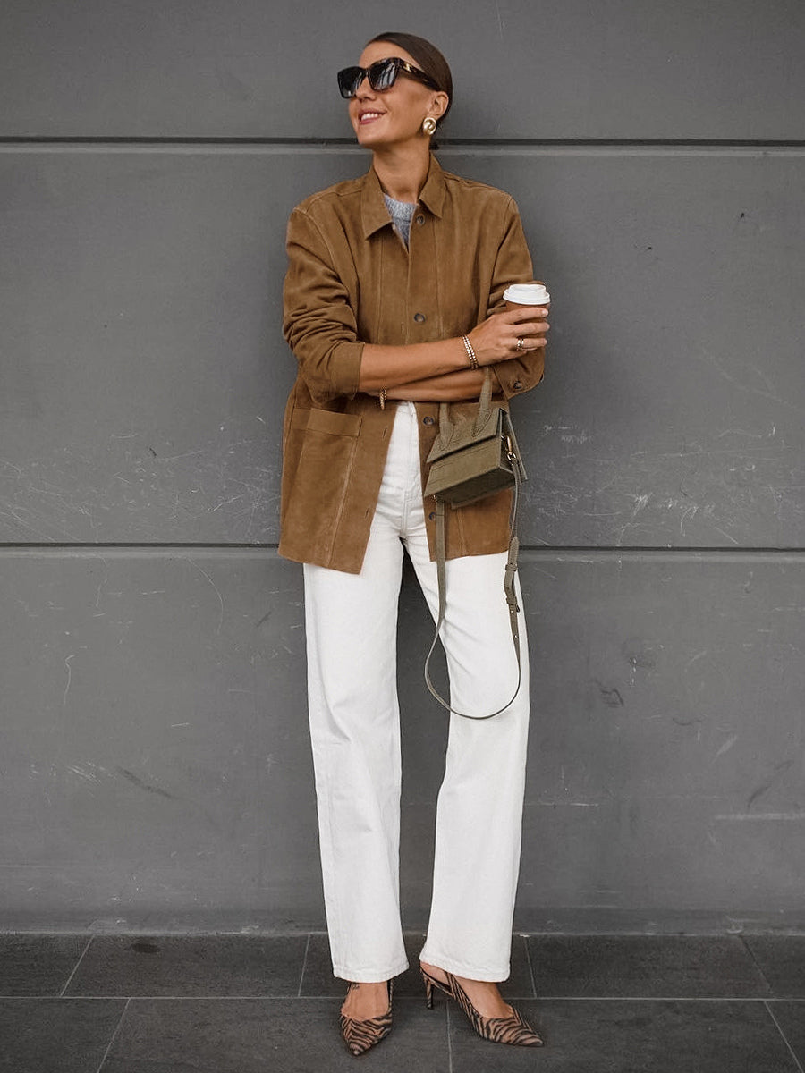 Faux Suede Tan Women's Shirt Jacket - Retro Utility Cargo Pocket Oversized Top - Casual Spring Streetwear 2026