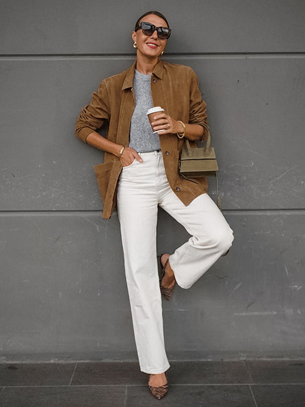 Faux Suede Tan Women's Shirt Jacket - Retro Utility Cargo Pocket Oversized Top - Casual Spring Streetwear 2026