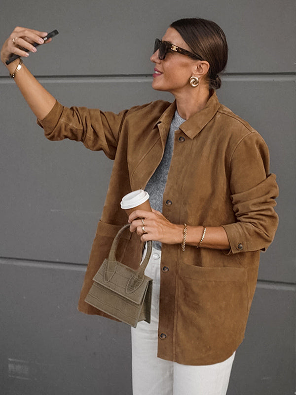 Faux Suede Tan Women's Shirt Jacket - Retro Utility Cargo Pocket Oversized Top - Casual Spring Streetwear 2026
