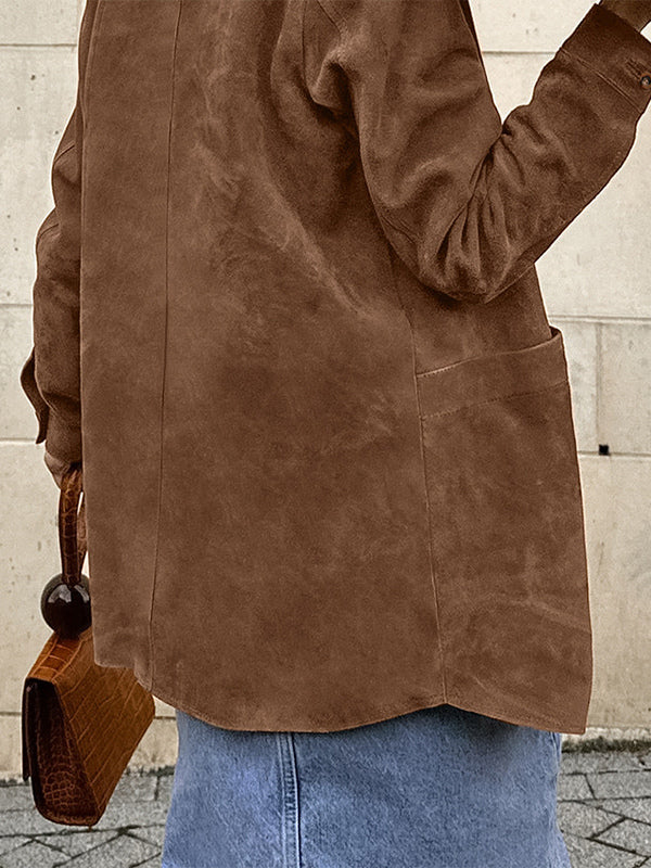 Faux Suede Tan Women's Shirt Jacket - Retro Utility Cargo Pocket Oversized Top - Casual Spring Streetwear 2026
