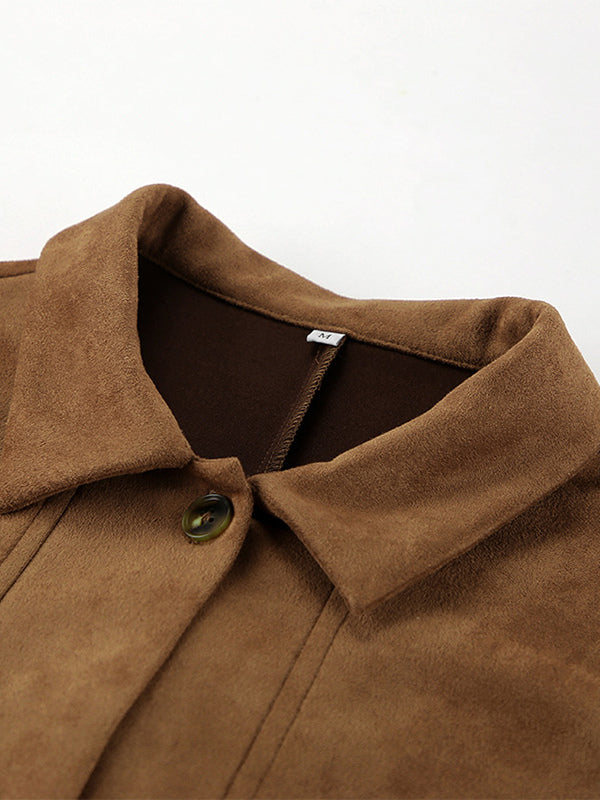 Faux Suede Tan Women's Shirt Jacket - Retro Utility Cargo Pocket Oversized Top - Casual Spring Streetwear 2026