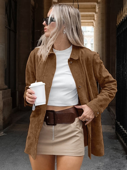 Faux Suede Tan Women's Shirt Jacket - Retro Utility Cargo Pocket Oversized Top - Casual Spring Streetwear 2026