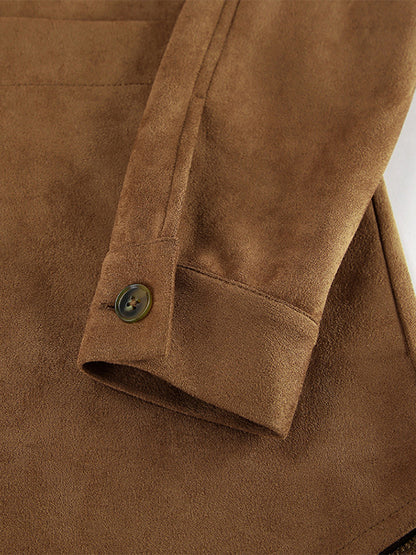 Faux Suede Tan Women's Shirt Jacket - Retro Utility Cargo Pocket Oversized Top - Casual Spring Streetwear 2026