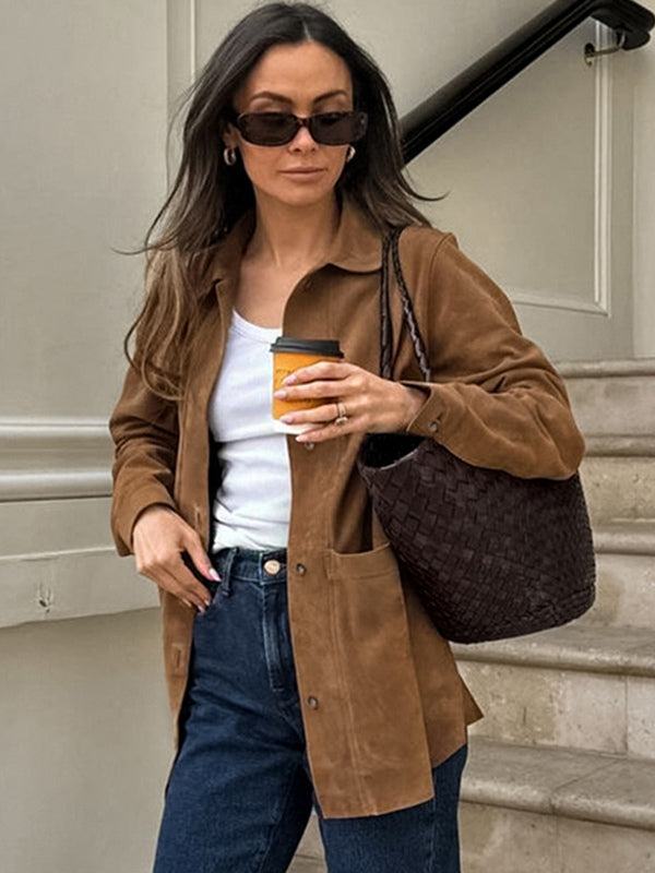 Faux Suede Tan Women's Shirt Jacket - Retro Utility Cargo Pocket Oversized Top - Casual Spring Streetwear 2026