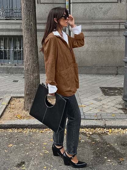 Faux Suede Tan Women's Shirt Jacket - Retro Utility Cargo Pocket Oversized Top - Casual Spring Streetwear 2026