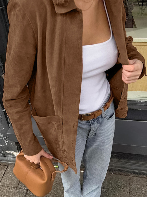 Faux Suede Tan Women's Shirt Jacket - Retro Utility Cargo Pocket Oversized Top - Casual Spring Streetwear 2026
