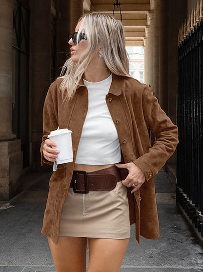 Faux Suede Tan Women's Shirt Jacket - Retro Utility Cargo Pocket Oversized Top - Casual Spring Streetwear 2026