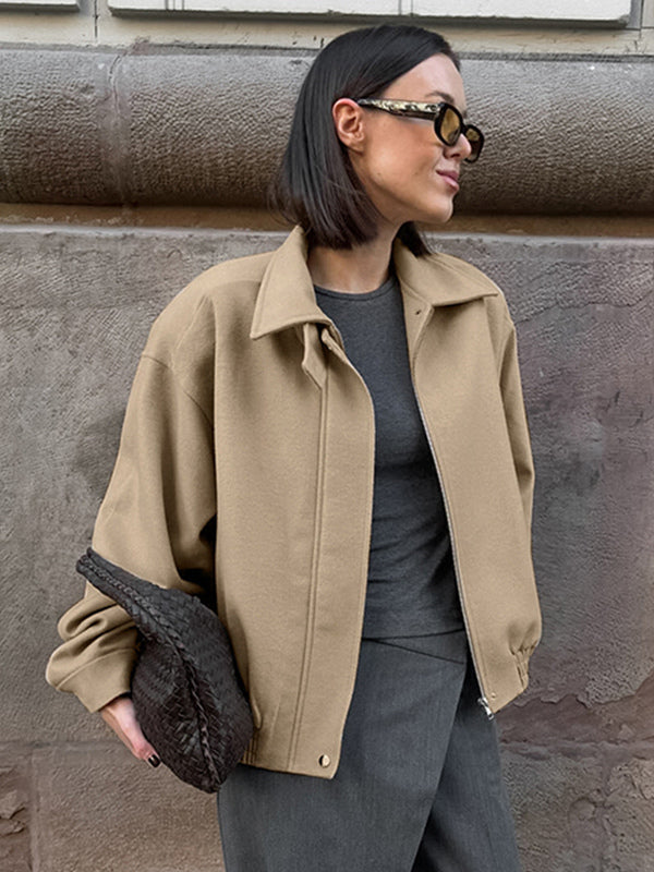 Dropped Shoulder Women's Bomber Jacket - Harrington Minimalist Zip Up Outerwear With Throat Latch - Casual Spring Outfits 2026