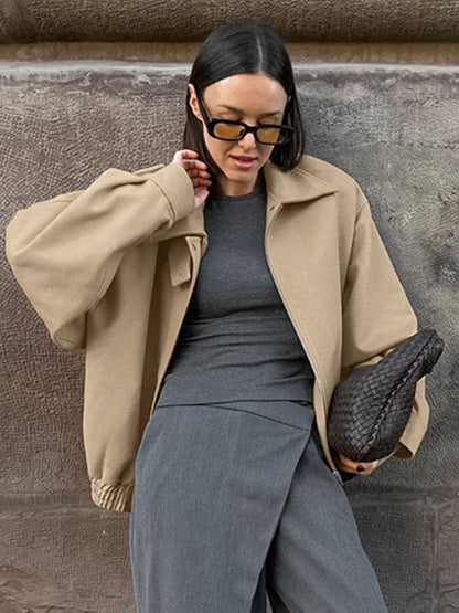 Dropped Shoulder Women's Bomber Jacket - Harrington Minimalist Zip Up Outerwear With Throat Latch - Casual Spring Outfits 2026