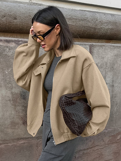 Dropped Shoulder Women's Bomber Jacket - Harrington Minimalist Zip Up Outerwear With Throat Latch - Casual Spring Outfits 2026