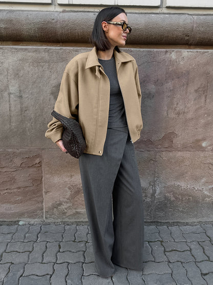 Dropped Shoulder Women's Bomber Jacket - Harrington Minimalist Zip Up Outerwear With Throat Latch - Casual Spring Outfits 2026