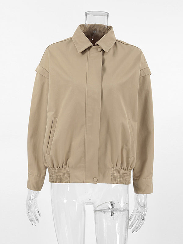 Khaki Lightweight Women's Bomber Jacket - Minimalist Collared Zip-Up Outerwear - Quiet Luxury Spring Casual Streetwear 2026