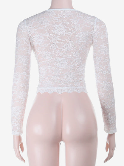 Sexy Sheer Lace Women's Crop Top - Deep V-Neck Long Sleeve Slim Fit - Coquette Style Night Out Clubwear 2026