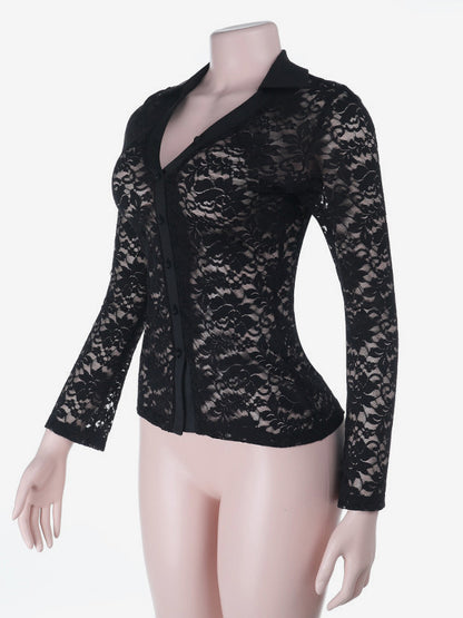 Sheer Lace Women's Lace Shirt - Gothic V-Neck Button Up Slim Shirt Cardigan - Spring Night Out Top 2026