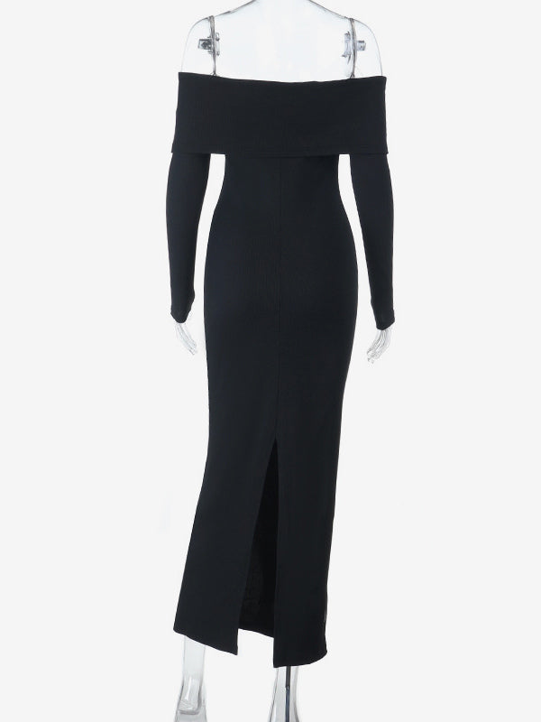 Off Shoulder Women's Maxi Dress - Elegant Pearl Beaded Back Slit Black Bodycon - Spring Party Wear 2026