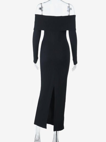 Off Shoulder Women's Maxi Dress - Elegant Pearl Beaded Back Slit Black Bodycon - Spring Party Wear 2026