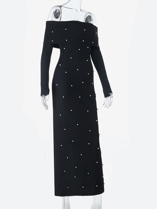 Off Shoulder Women's Maxi Dress - Elegant Pearl Beaded Back Slit Black Bodycon - Spring Party Wear 2026