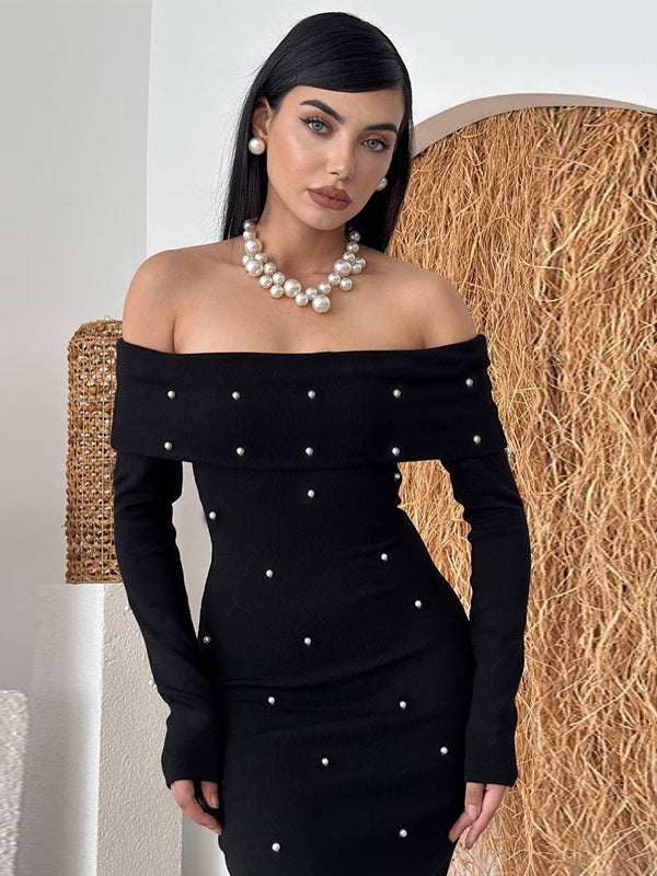 Off Shoulder Women's Maxi Dress - Elegant Pearl Beaded Back Slit Black Bodycon - Spring Party Wear 2026