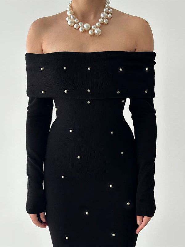 Off Shoulder Women's Maxi Dress - Elegant Pearl Beaded Back Slit Black Bodycon - Spring Party Wear 2026