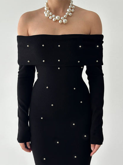Off Shoulder Women's Maxi Dress - Elegant Pearl Beaded Back Slit Black Bodycon - Spring Party Wear 2026