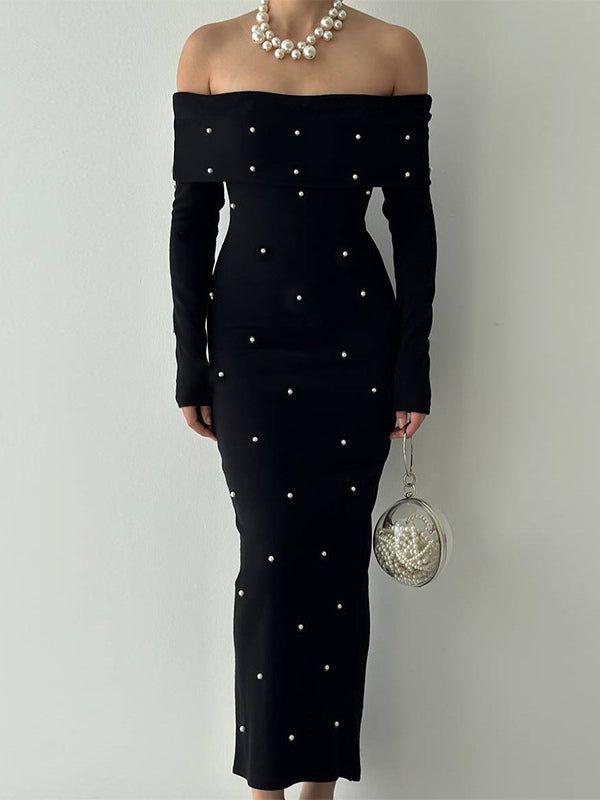 Off Shoulder Women's Maxi Dress - Elegant Pearl Beaded Back Slit Black Bodycon - Spring Party Wear 2026