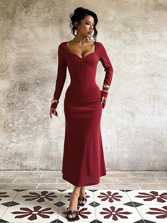 Elegant Burgundy Bodycon Dress For Women - Vintage Corset Waist Long Sleeve Long Dress - Spring Party Gown 2026