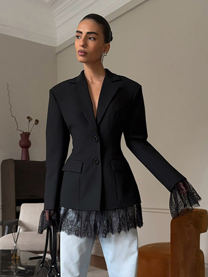 Lace Trimmed Hourglass Women's Blazer - Flare Sleeve Slim Fit Suit Jacket - Chic Streetwear Formal Outfits 2026