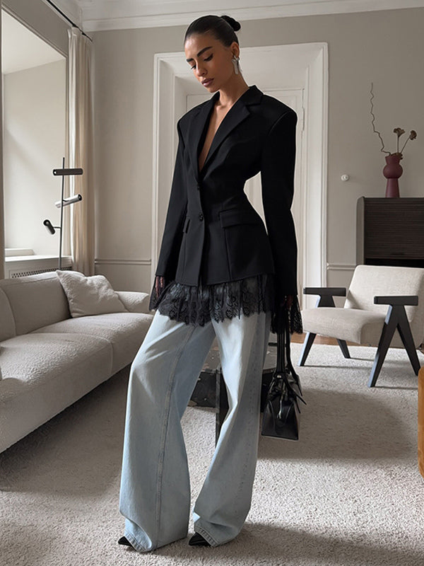 Lace Trimmed Hourglass Women's Blazer - Flare Sleeve Slim Fit Suit Jacket - Chic Streetwear Formal Outfits 2026