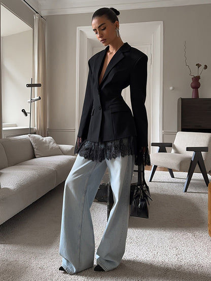 Lace Trimmed Hourglass Women's Blazer - Flare Sleeve Slim Fit Suit Jacket - Chic Streetwear Formal Outfits 2026