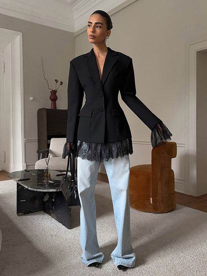 Lace Trimmed Hourglass Women's Blazer - Flare Sleeve Slim Fit Suit Jacket - Chic Streetwear Formal Outfits 2026