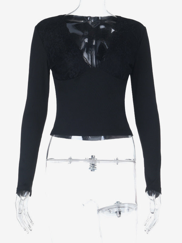 Deep V Neck Women's Lace Trim Top - Black Sexy Slim Fit Blouse - Gothic Style Spring Clubwear 2026