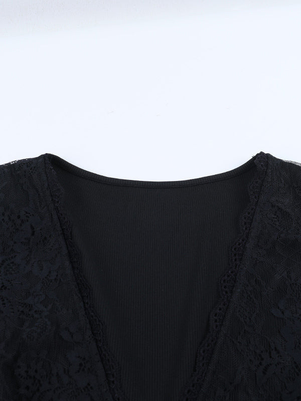 Deep V Neck Women's Lace Trim Top - Black Sexy Slim Fit Blouse - Gothic Style Spring Clubwear 2026