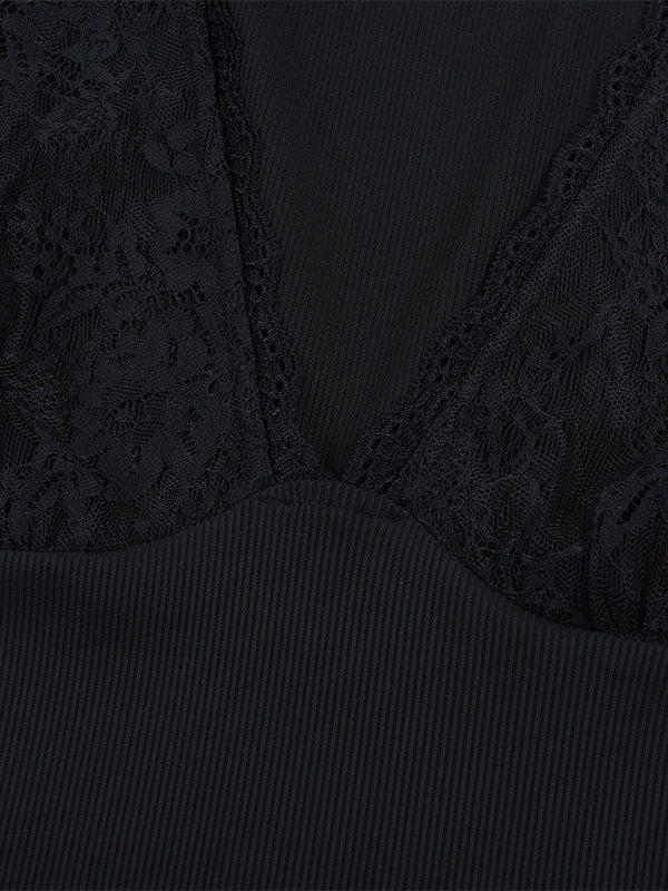 Deep V Neck Women's Lace Trim Top - Black Sexy Slim Fit Blouse - Gothic Style Spring Clubwear 2026