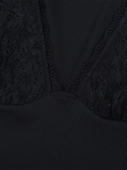 Deep V Neck Women's Lace Trim Top - Black Sexy Slim Fit Blouse - Gothic Style Spring Clubwear 2026