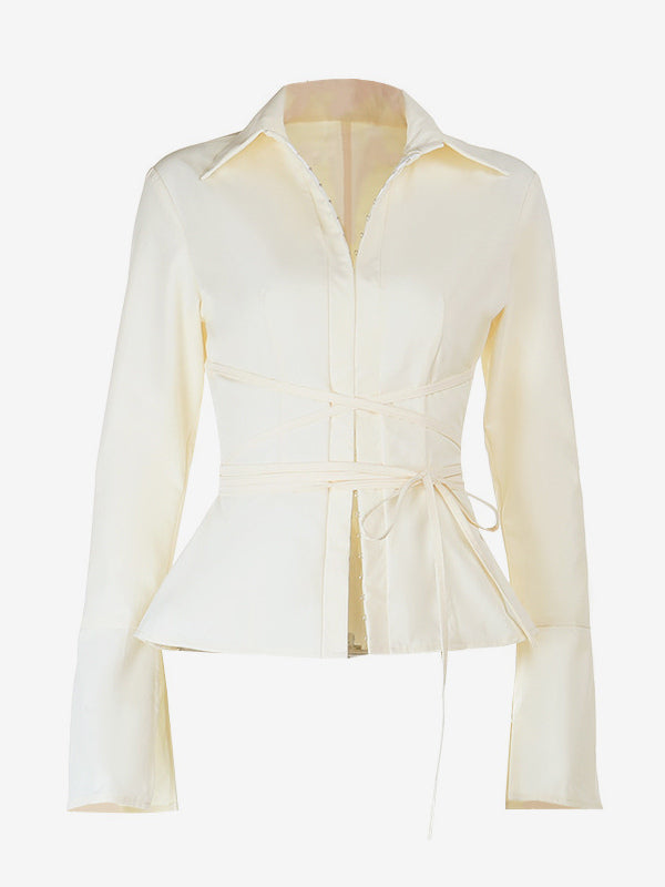 Elegant Women's Slim Peplum Shirt - Vintage Tie Waist Bell Sleeve Blouse - Y2K Chic Spring Date Night Top 2026