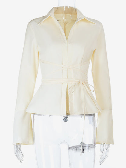 Elegant Women's Slim Peplum Shirt - Vintage Tie Waist Bell Sleeve Blouse - Y2K Chic Spring Date Night Top 2026