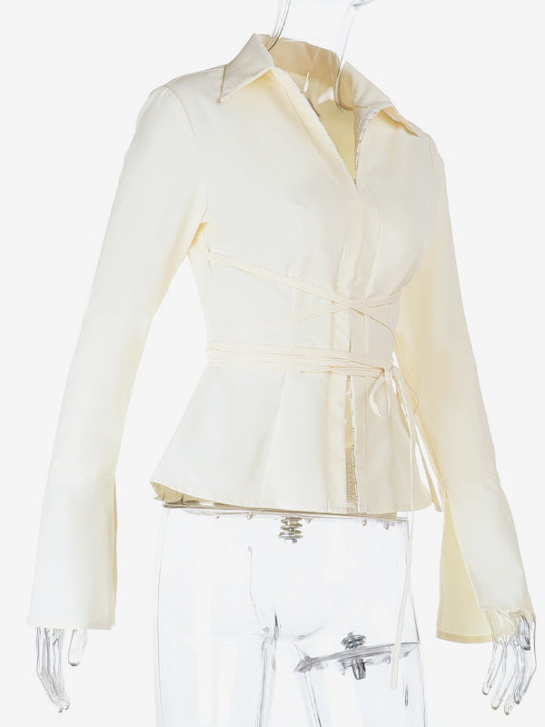 Elegant Women's Slim Peplum Shirt - Vintage Tie Waist Bell Sleeve Blouse - Y2K Chic Spring Date Night Top 2026