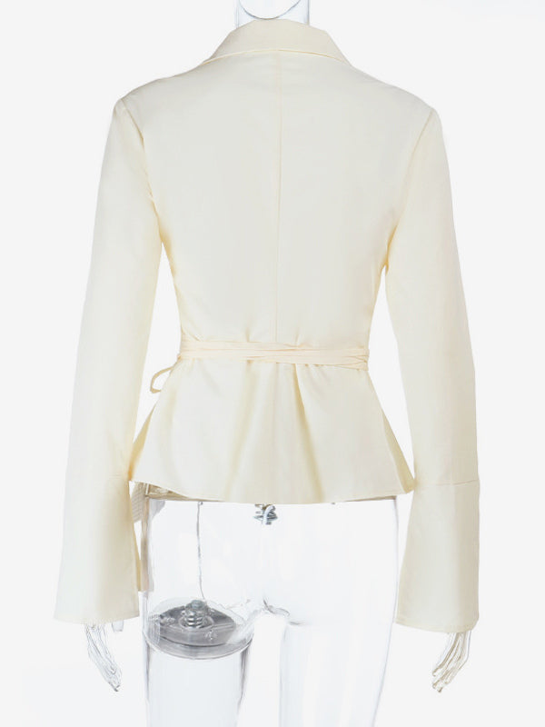 Elegant Women's Slim Peplum Shirt - Vintage Tie Waist Bell Sleeve Blouse - Y2K Chic Spring Date Night Top 2026