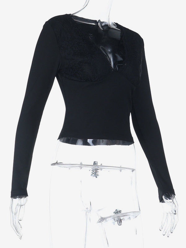 Deep V Neck Women's Lace Trim Top - Black Sexy Slim Fit Blouse - Gothic Style Spring Clubwear 2026