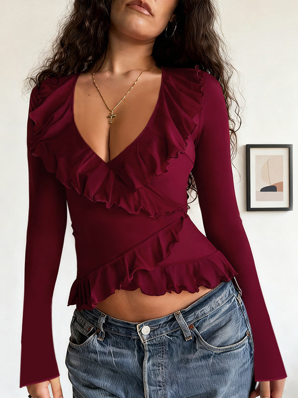Romantic Ruffle Women's Wrap Top - V Neck Long Sleeve - Coquette Aesthetic Spring Date Night Wear 2026