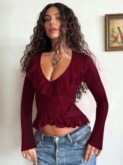 Romantic Ruffle Women's Wrap Top - V Neck Long Sleeve - Coquette Aesthetic Spring Date Night Wear 2026