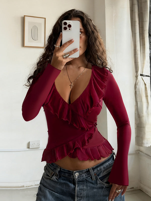 Romantic Ruffle Women's Wrap Top - V Neck Long Sleeve - Coquette Aesthetic Spring Date Night Wear 2026