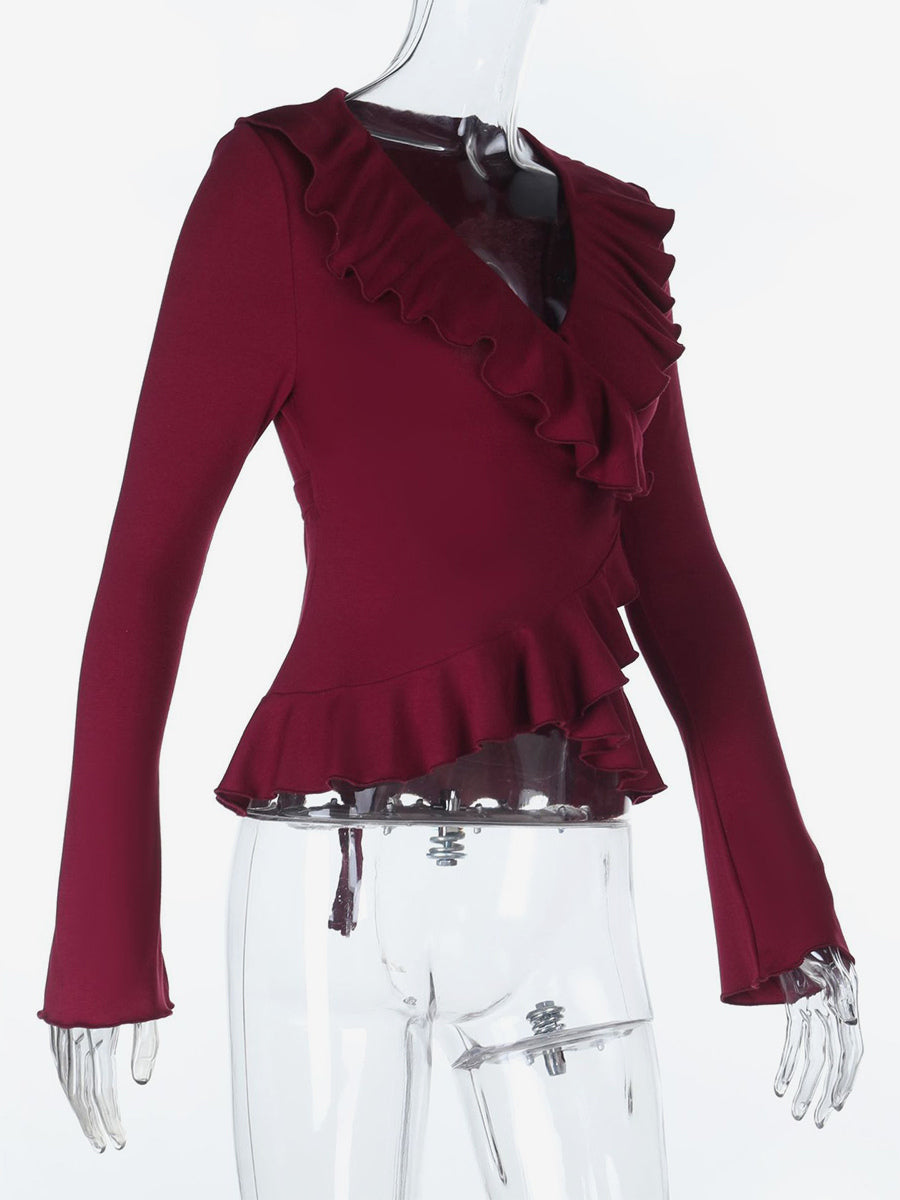 Romantic Ruffle Women's Wrap Top - V Neck Long Sleeve - Coquette Aesthetic Spring Date Night Wear 2026
