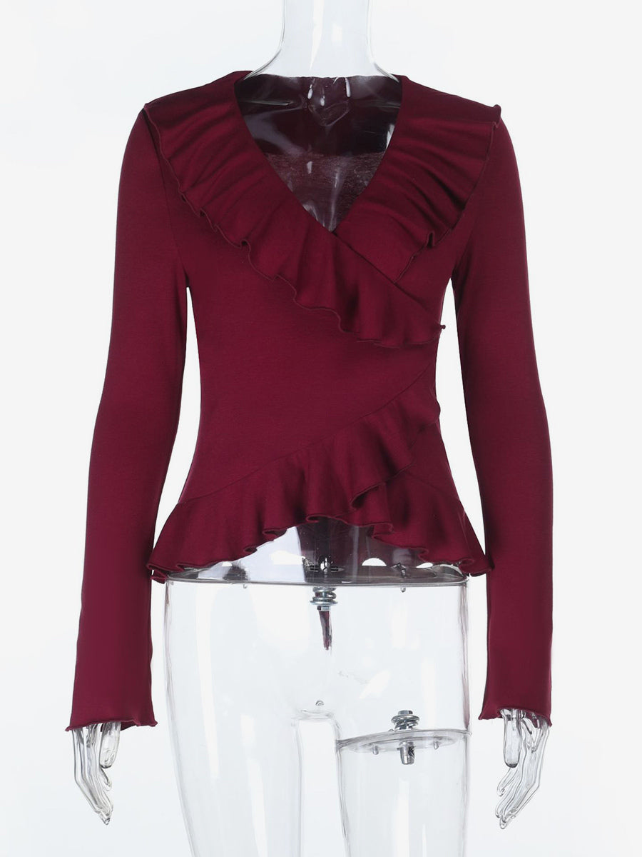 Romantic Ruffle Women's Wrap Top - V Neck Long Sleeve - Coquette Aesthetic Spring Date Night Wear 2026