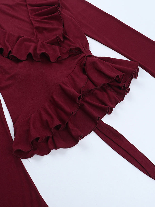 Romantic Ruffle Women's Wrap Top - V Neck Long Sleeve - Coquette Aesthetic Spring Date Night Wear 2026