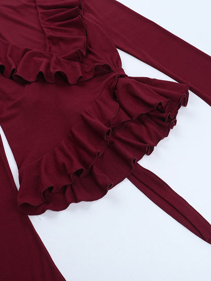 Romantic Ruffle Women's Wrap Top - V Neck Long Sleeve - Coquette Aesthetic Spring Date Night Wear 2026