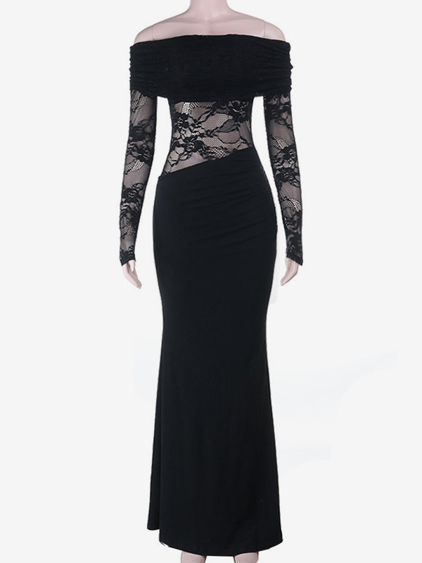 Off Shoulder Lace Patchwork Maxi Dress For Women - Black Gothic Sheer Sleeve Bodycon Gown - Spring Gala Party Outfits 2026