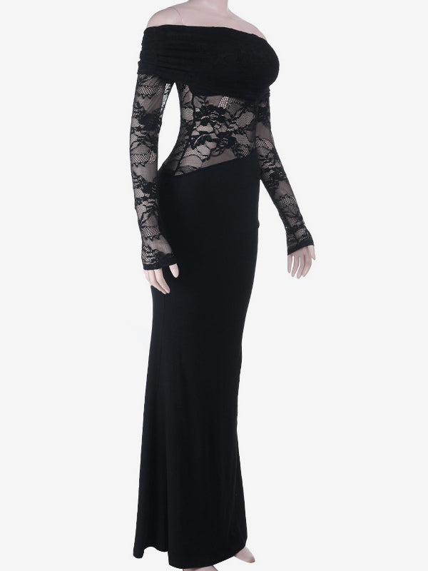 Off Shoulder Lace Patchwork Maxi Dress For Women - Black Gothic Sheer Sleeve Bodycon Gown - Spring Gala Party Outfits 2026